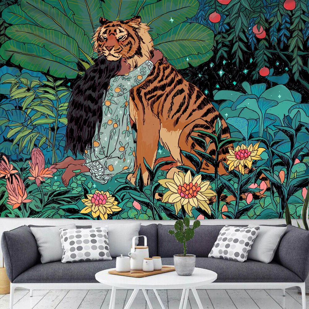 mainimage0Grande-tenture-murale-psych-d-lique-en-forme-de-tigre-et-de-lune-pour-d-coration Floral Tiger Wall Tapestry