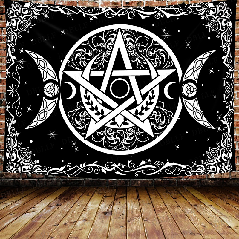 mainimage0Tapisserie-d-art-pentagramme-grand-format-200x150cm-Trippy-noir-et-blanc-d-coration-esth-tique-Mandala Pentagram Wall Tapestry