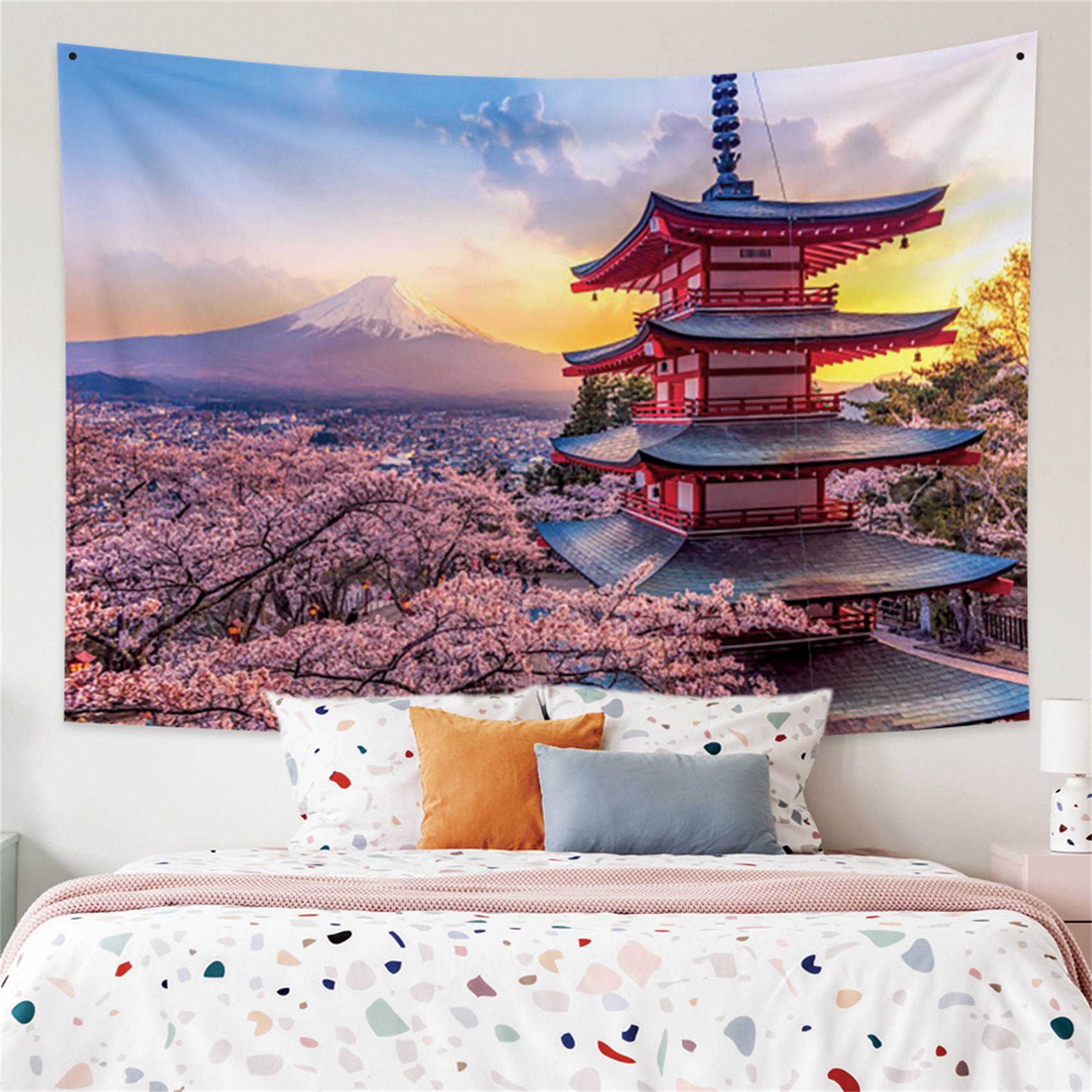 variantimage1Laeacco-tapisserie-murale-japonaise-imprim-e-de-fleurs-de-cerisier-tapis-mural-de-style-Fuji-d Mount Fuji And Japanese Temple Wall Art Tapestry